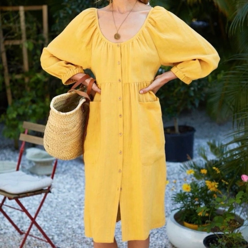 Emerson Fry Jasmine Button-Front Linen Midi Dress, Honey Sz M